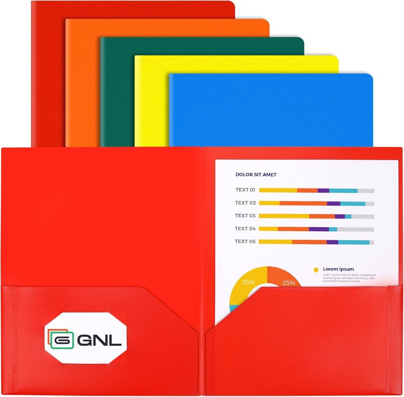 Gnl Plastic Folders with Pockets, Pack of 5, Colored Heavy Duty 2 Pocket File Folders Letter Size, Pocket Folders for School, Home, and Office - Image 1